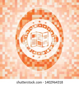 brochure icon inside abstract orange mosaic emblem with background