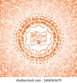 brochure icon inside abstract orange mosaic emblem