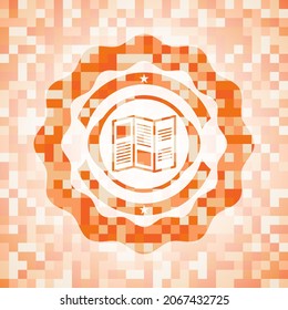 icono de folleto dentro del emblema abstracto de mosaico naranja con fondo. 