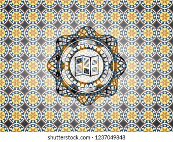 brochure icon inside arabesque emblem background. arabic decoration.