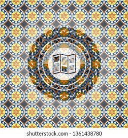 brochure icon inside arabesque emblem background. arabic decoration.