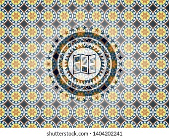 brochure icon inside arabic badge background. Arabesque decoration.
