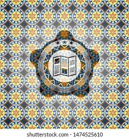 brochure icon inside arabic emblem background. Arabesque decoration.