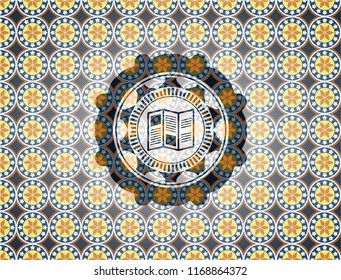 brochure icon inside arabic style badge. Arabesque decoration.