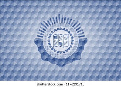 brochure icon inside blue emblem or badge with abstract geometric polygonal pattern background.