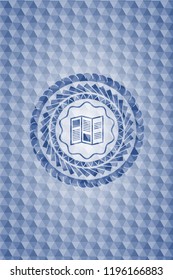brochure icon inside blue emblem with geometric pattern.