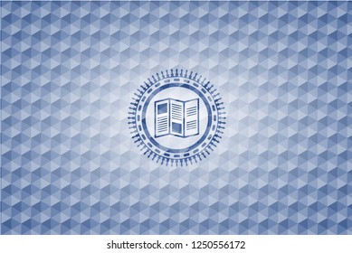 brochure icon inside blue emblem with geometric pattern.