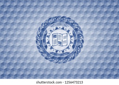 brochure icon inside blue emblem with geometric background.