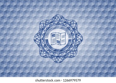 brochure icon inside blue emblem or badge with geometric pattern background.