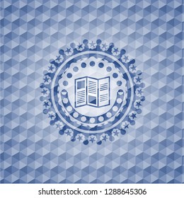brochure icon inside blue emblem or badge with abstract geometric polygonal pattern background.