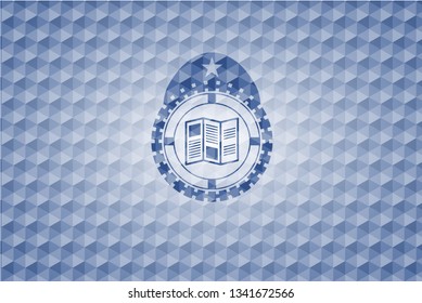 brochure icon inside blue emblem with geometric background.