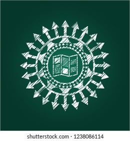 brochure icon inside chalk emblem written on a blackboard