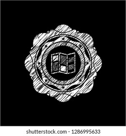 brochure icon inside chalkboard emblem written on a blackboard