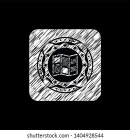 brochure icon inside chalkboard emblem on black board