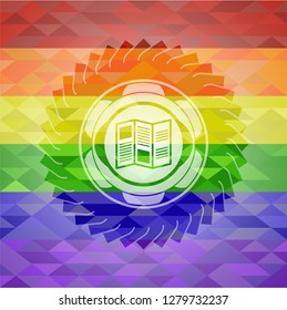 brochure icon inside emblem on mosaic background with the colors of the LGBT flag