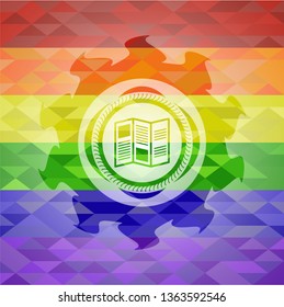 brochure icon inside emblem on mosaic background with the colors of the LGBT flag