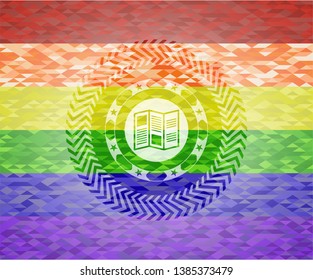 brochure icon inside emblem on mosaic background with the colors of the LGBT flag