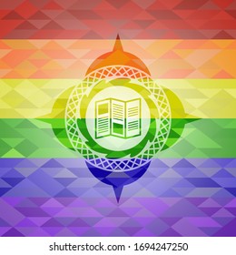 brochure icon inside emblem on mosaic background with the colors of the LGBT flag