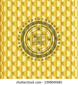 brochure icon inside gold emblem or badge. Scales pattern. Vector Illustration. Detailed.