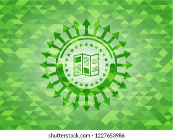 brochure icon inside green emblem. Mosaic background