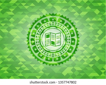 brochure icon inside green emblem with mosaic ecological style background