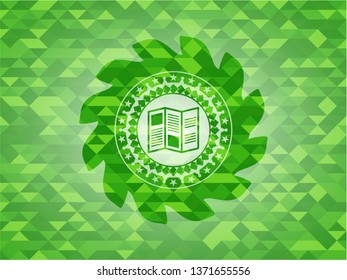 brochure icon inside green emblem with mosaic ecological style background