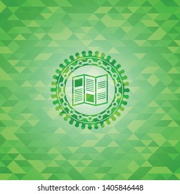 brochure icon inside green emblem with mosaic background