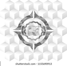 brochure icon inside grey badge with geometric cube white background