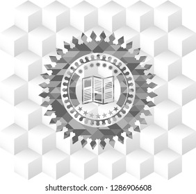 brochure icon inside grey badge with geometric cube white background
