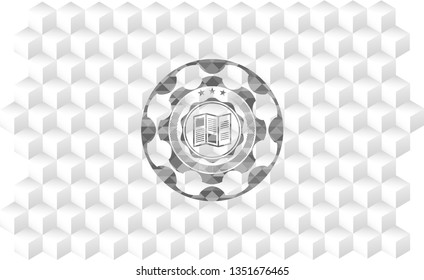 brochure icon inside grey badge with geometric cube white background