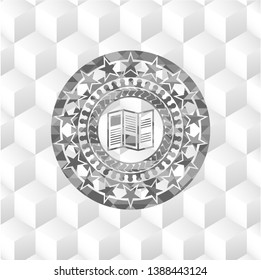 brochure icon inside grey emblem with geometric cube white background