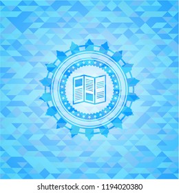 brochure icon inside light blue emblem. Mosaic background