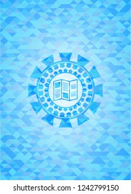 brochure icon inside light blue emblem with triangle mosaic background