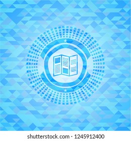 brochure icon inside light blue emblem. Mosaic background
