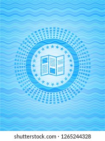 brochure icon inside light blue water wave emblem.