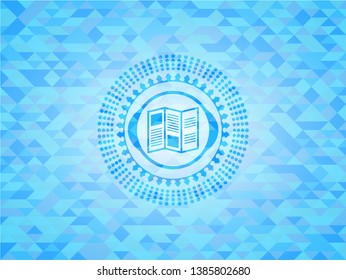 brochure icon inside light blue emblem with triangle mosaic background