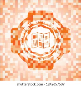 brochure icon inside orange mosaic emblem