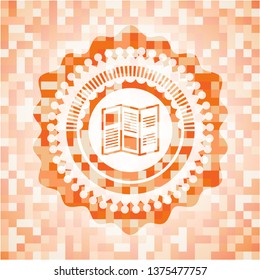 brochure icon inside orange mosaic emblem with background