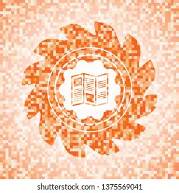 brochure icon inside orange mosaic emblem