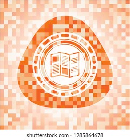 brochure icon inside orange tile background illustration. Square geometric mosaic seamless pattern with emblem inside.