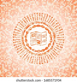 icono de folleto en la ilustración de fondo de mosaico naranja. Mosaico geométrico cuadrado sin fisuras con emblema interior.