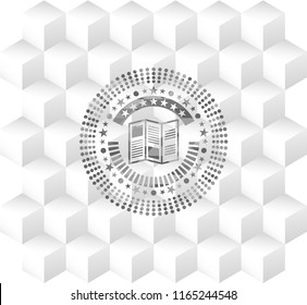 brochure icon inside realistic grey emblem with geometric cube white background