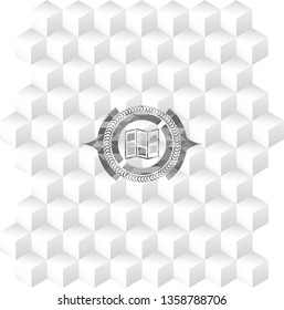 brochure icon inside realistic grey emblem with geometric cube white background