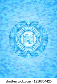 brochure icon inside realistic light blue emblem. Mosaic background