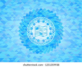 brochure icon inside realistic light blue mosaic emblem