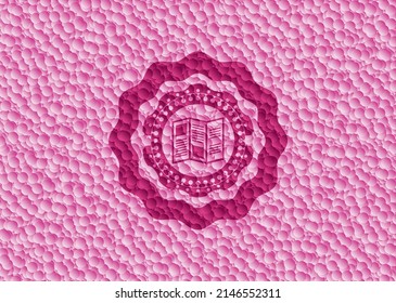 brochure icon inside realistic pink emblem with bubbles background. Vector Illustration. Detailed. 