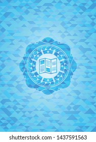 brochure icon inside realistic sky blue emblem. Mosaic background