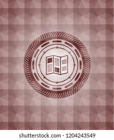 brochure icon inside red emblem with geometric pattern. Seamless.