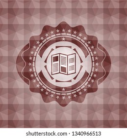 brochure icon inside red emblem with geometric pattern. Seamless.