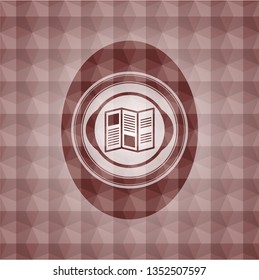brochure icon inside red emblem with geometric pattern background. Seamless.